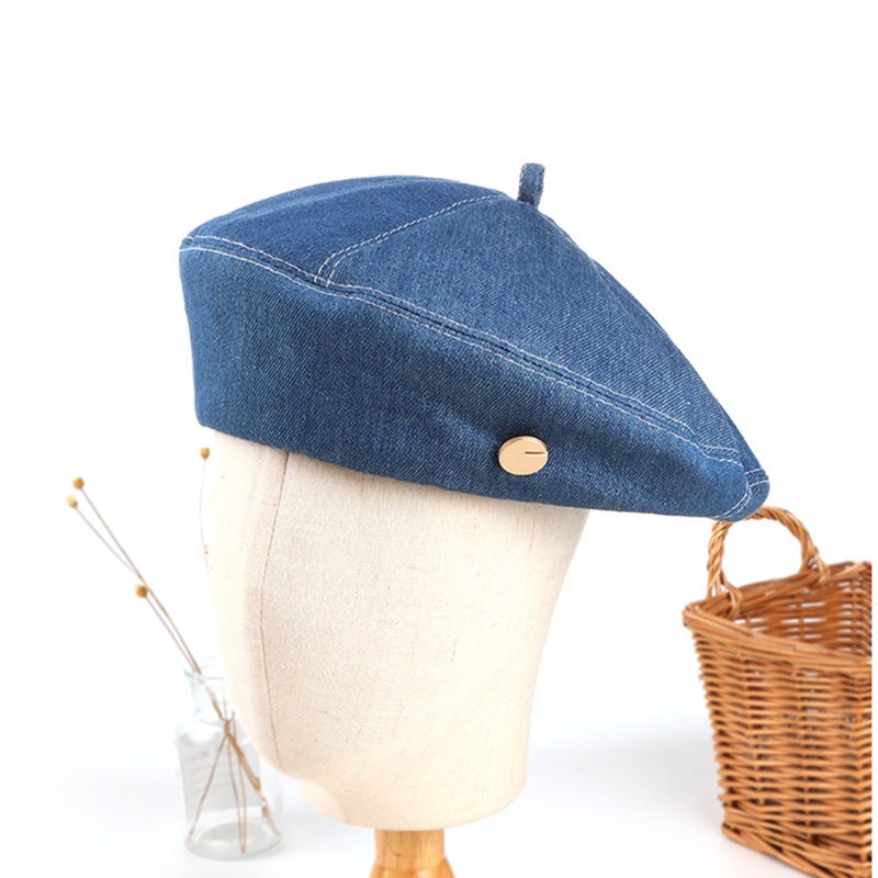 Nón Beret Denim Màu Trơn Phong Cách Cổ Điển Thời Trang Cho Nữ