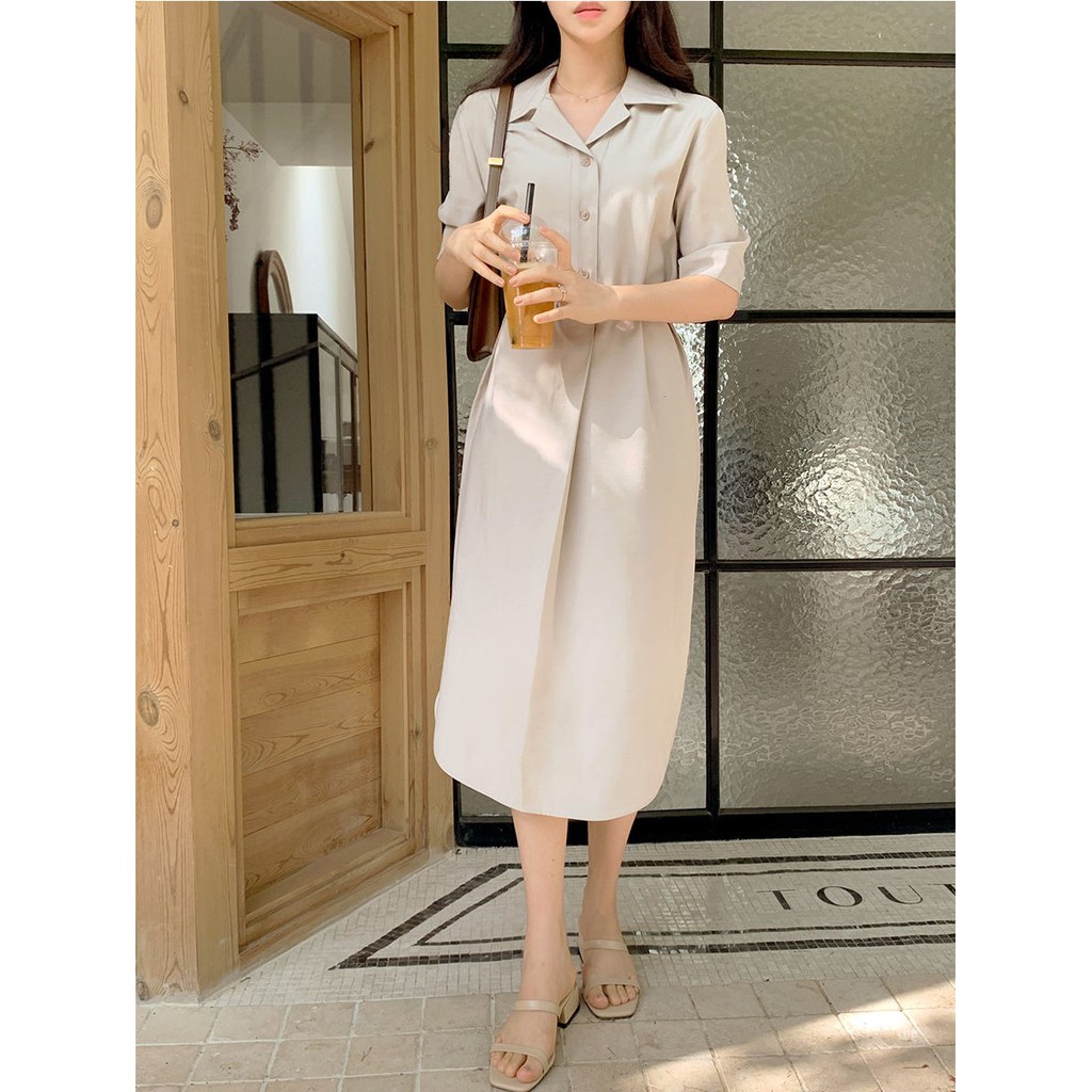 Váy Midi ngắn tay Màu trơn Phong Cách Hàn Quốc 43940