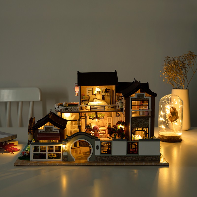 Mô hình nhà DIY Doll House Dream in Ancient Town Kèm Mica Chống bụi, Bộ dụng cụ, Keo dán và Bộ phát nhạc