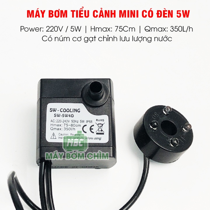 Máy bơm mini có đèn 2w, 5w | bơm thác nước phong thủy