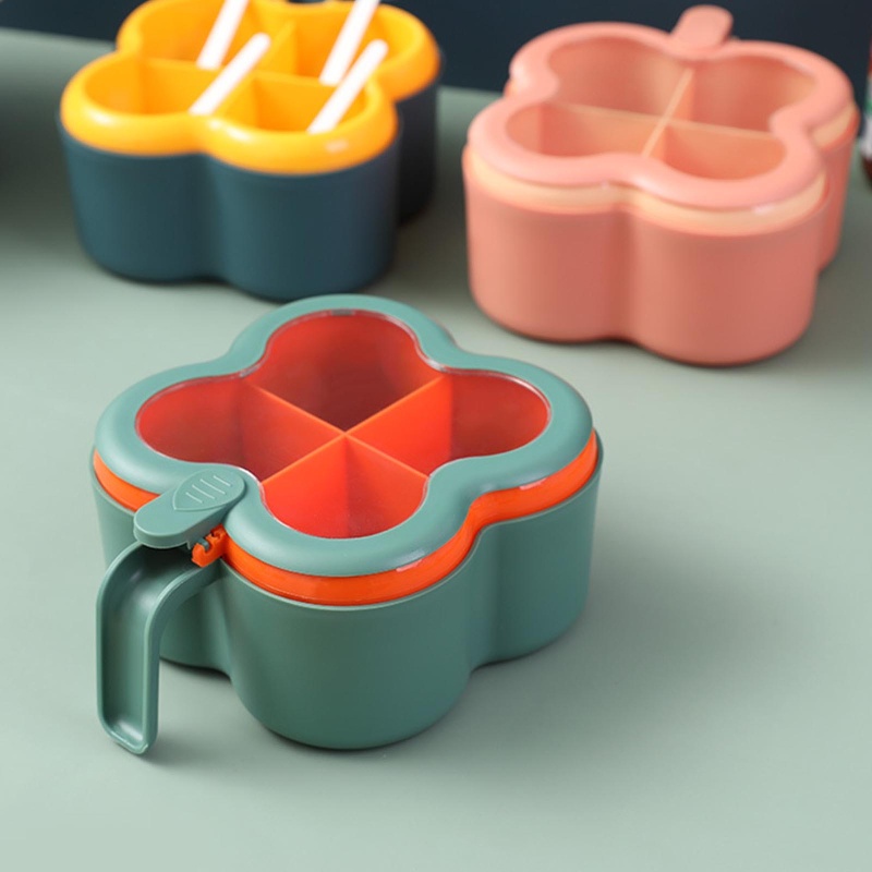 Hộp Đựng Gia Vị 4 Ngăn Bằng Nhựa Có Nắp Trong Suốt Kèm Muỗng Cho Nhà Bếp