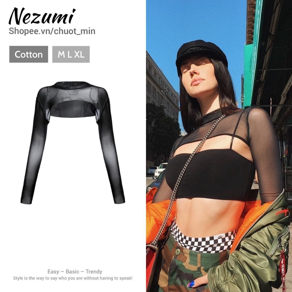 (Sẵn S M L) Áo croptop hở ngực ren lưới body đen dài tay hip hop sexy Châu Âu (dance, gym)