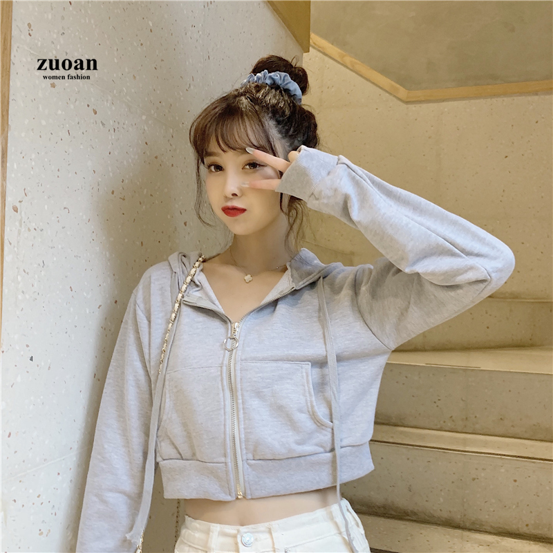 SUXI Áo khoác sweater ngắn mỏng dáng rộng phối khóa kéo phong cách mùa thu cá tính cho nữ