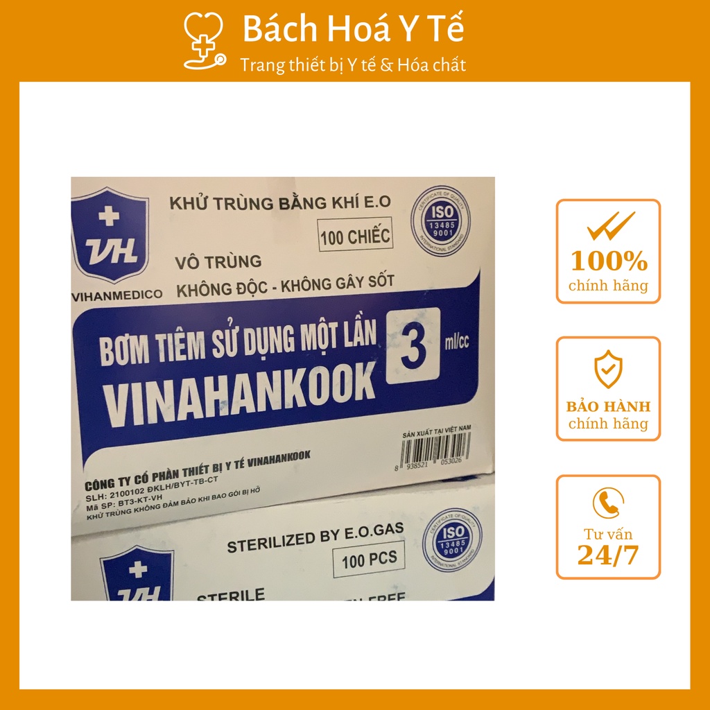 Bơm tiêm dùng 1 lần 3ml, Vinahancook, Vô trùng - Không độc - không gây sốt