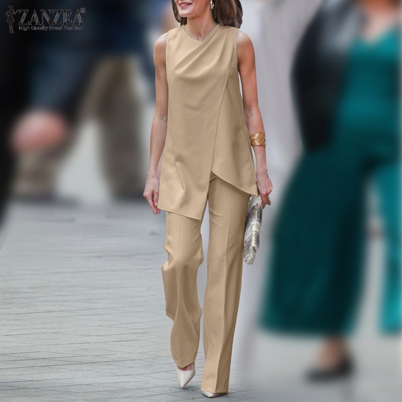 Bộ đồ ZANZEA gồm áo không tay viền bất đối xứng và quần dài ống rộng thời trang cho nữ