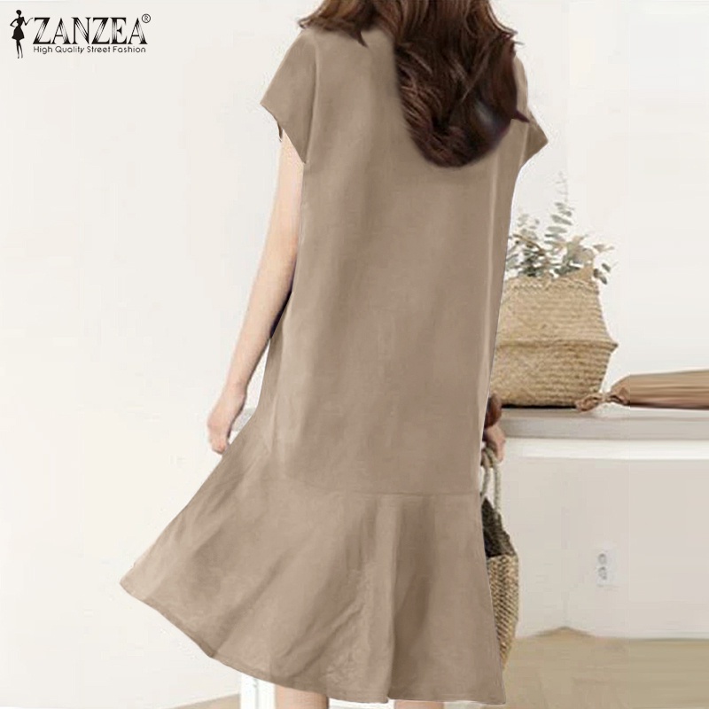 Váy ngắn ZANZEA màu trơn cổ chữ V dáng rộng kiểu dáng đơn giản thời trang cho nữ