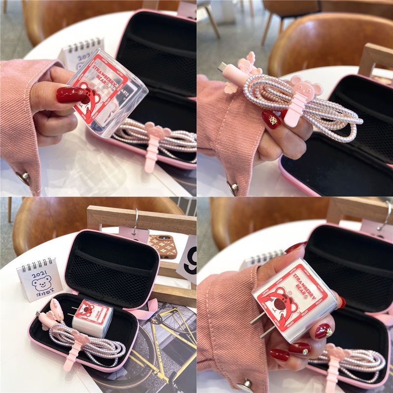 Vỏ Bảo Vệ Hộp Sạc Tai Nghe IPhone 11 12 18W-20W Bằng Silicon Họa Tiết Hoạt Hình Chú Gấu &amp; Dâu Tây