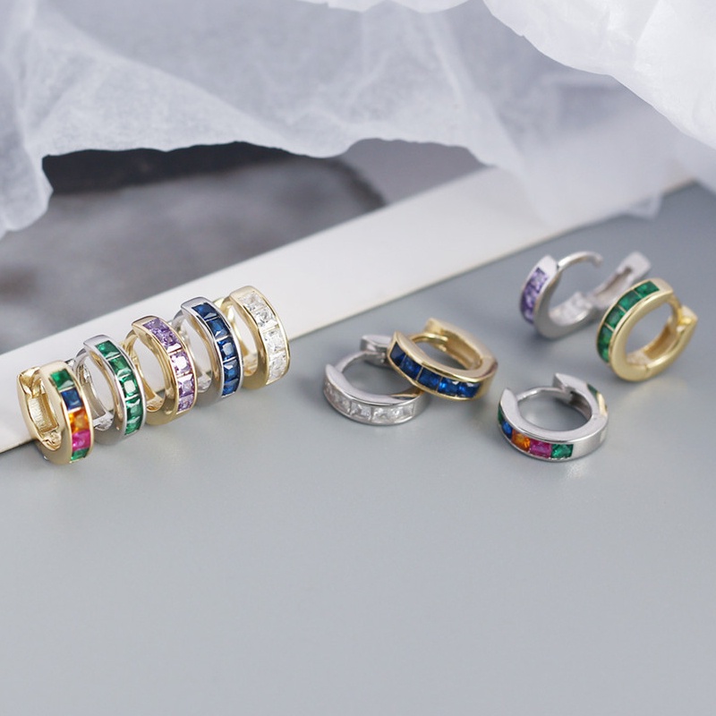 Bông Tai Dạng Vòng Đính Đá Zircon Hình Vuông Nhiều Màu Bằng Đồng Chất Lượng Cao Cho Nam Và Nữ