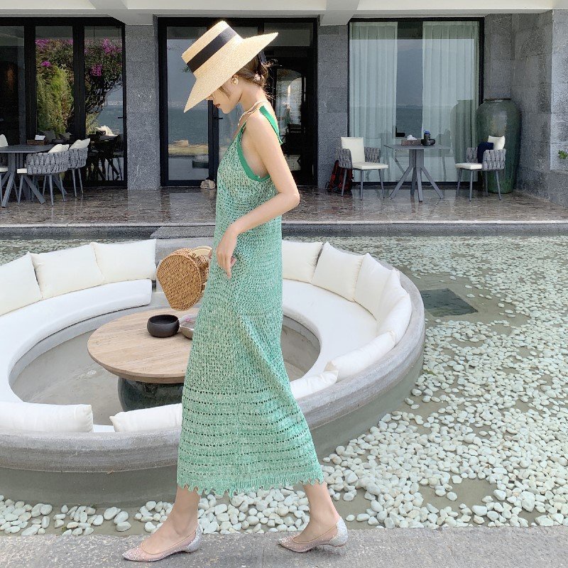 Váy maxi đi biển lưới ren  đầm dài đi biển hở lưng bikini phong cách kiểu hàn quốc suông xuông mẫu 2022 DK1T207