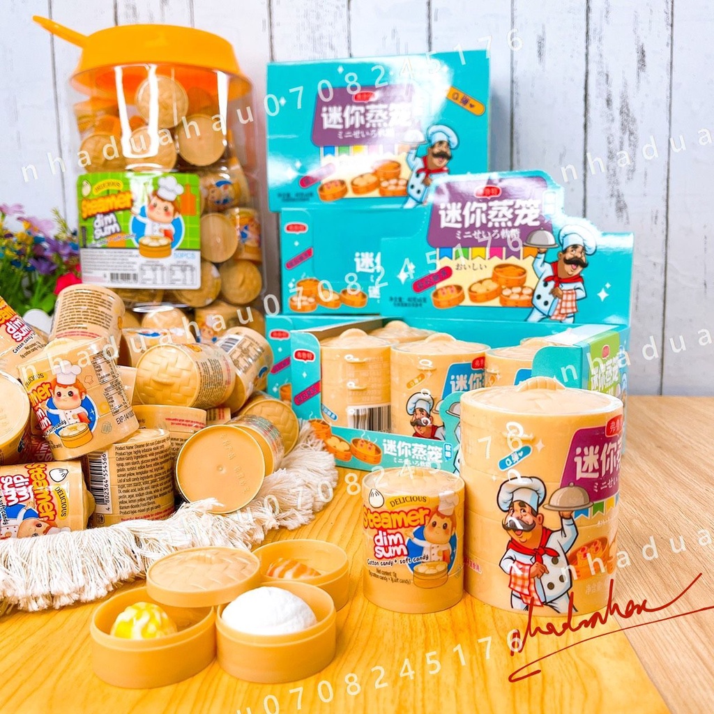 Một lốc gồm 6 cái kẹo dẻo đồ chơi hình xửng hấp bánh bao dimsum 4 tầng Đầu Bếp Hongkong cái 40gam