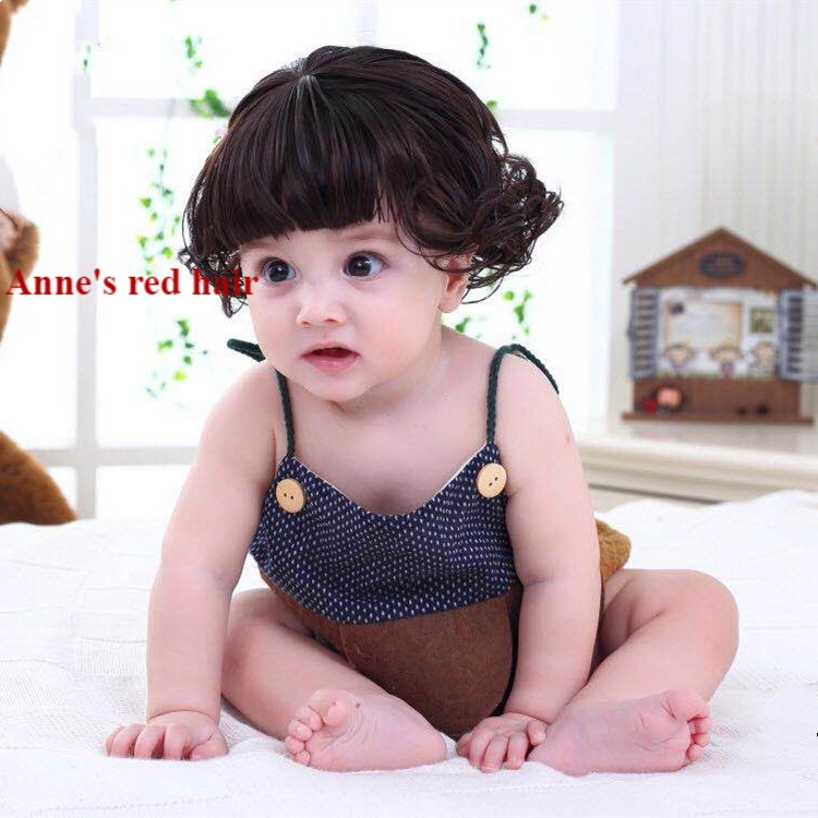 Bộ tóc giả ngắn xoăn màu nâu/đen làm phụ kiện chụp ảnh cho bé sơ sinh
