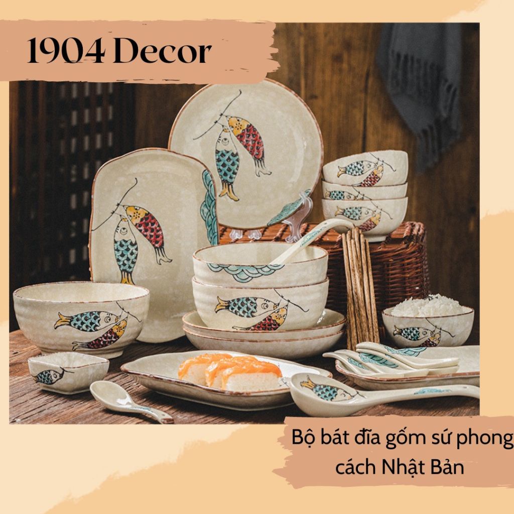 Bộ bát đĩa gốm sứ cao cấp hoạ tiết lồng đèn cá chép phong cách Nhật Bản - 1904 DECOR