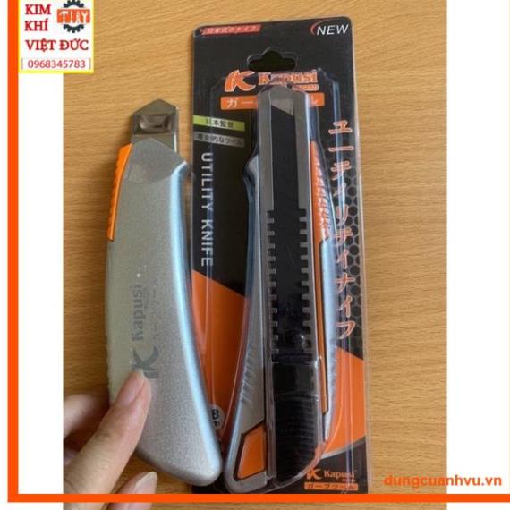 Dao rọc giấy cán nhôm Nhật Kapusi JAPAN, dao trổ lớn 18mm lưỡi thép SK5 đen siêu sắc, cắt giấy, rọc băng keo, bìa carton