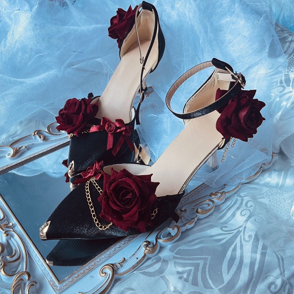 Giày cao gót làm bằng tay đích thực giày cao gót hoa hồng đỏ và đen giày cao gót Lolita giày cao gót cưới giày cao gót mũi nhọn giày cao gót 8cm