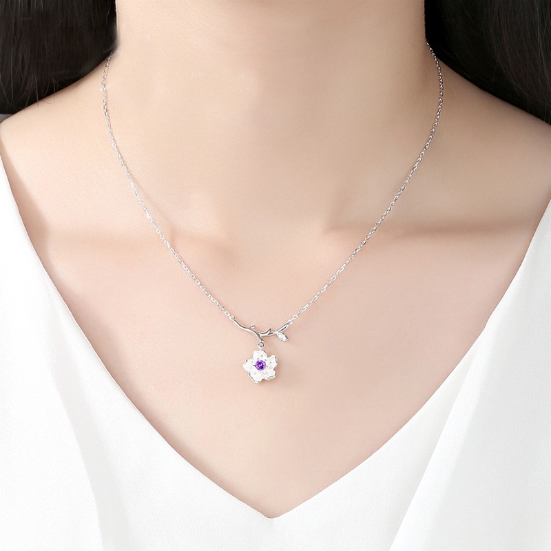 925 sterling silver short necklace with simple cherry blossom face is suitable as a birthday gift for female friends