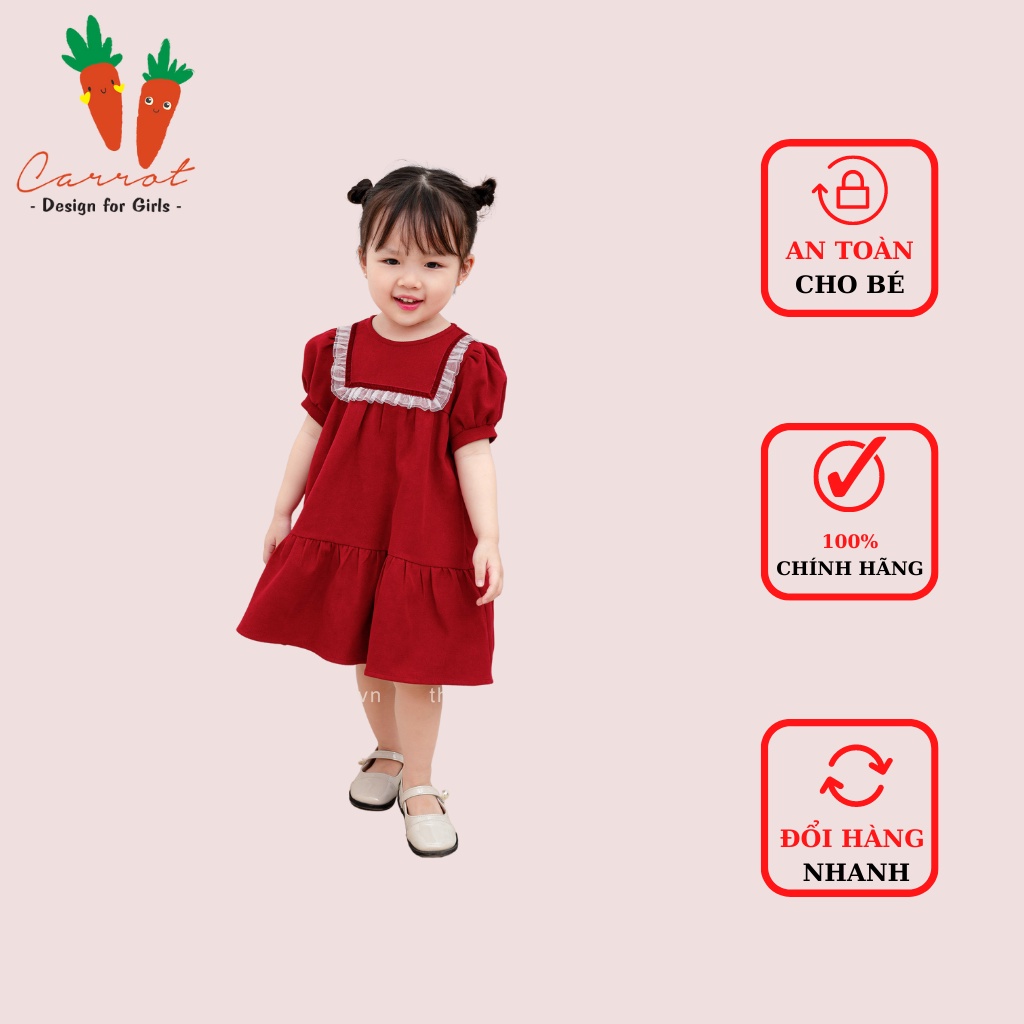 Váy nhung đỏ CARROT cho bé gái, dáng babydoll có tay, ngực ren bèo phối ruy băng, chất liệu nhung chéo hàn