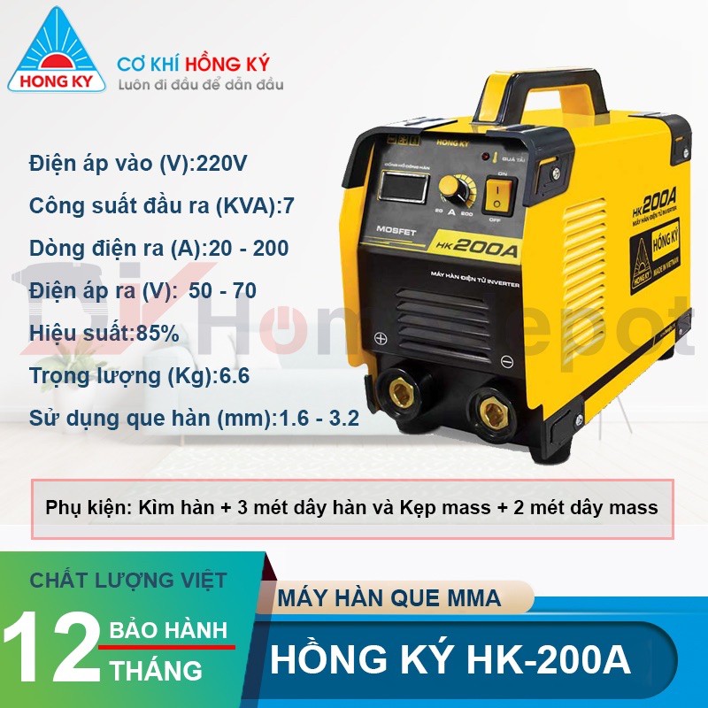 Máy hàn điện tử inverter Hồng Ký HK200A - BH 18 tháng, 200 ampe/10.3 KVA công nghệ IGBT/chế độ chống