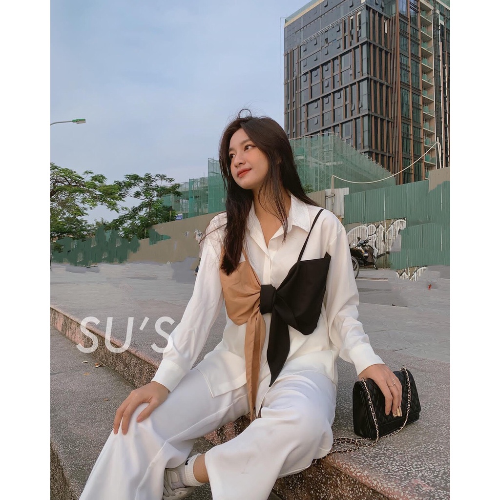 Áo sơ mi tay bồng nơ ngực form rộng unisex style hàn quốc/ Áo sơ mi nữ dài tay kiểu cúc cài kèm nơ phối màu cá tính_2su