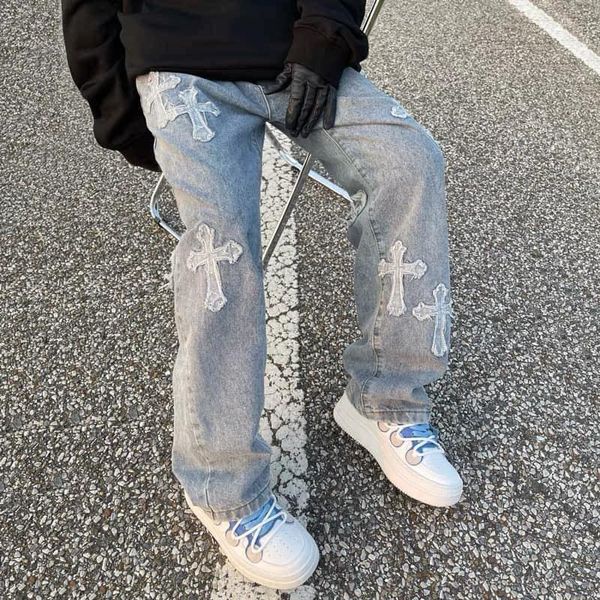 Quần jean baggy nam nữ  thêu thánh giá mã 006 quần baggy ống suông dáng hàn quốc 2022 unisex kun shop