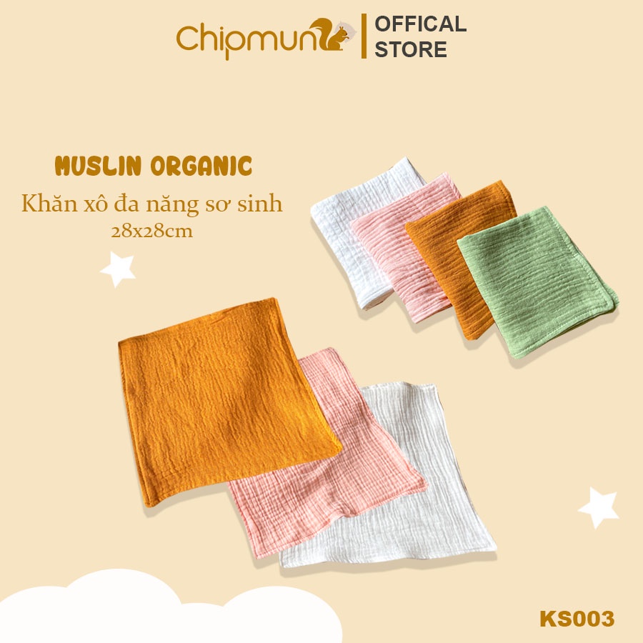 Khăn mặt cho bé xô muslin organic CHIPMUNK, không xù, sợi an toàn cho da bé, thấm hút nhanh