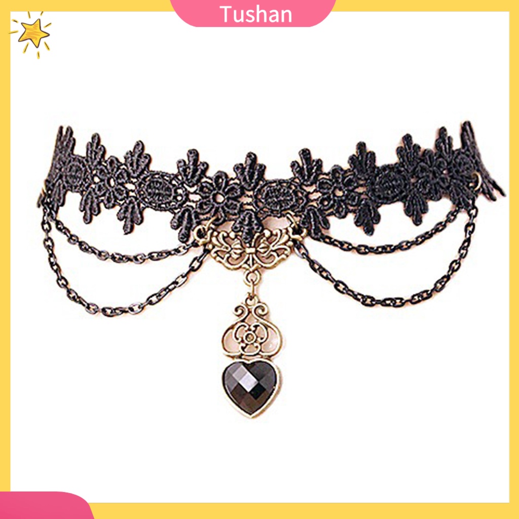 Vòng cổ choker ren mặt hình trái tim phối tua rua phong cách Gothic dành cho nữ