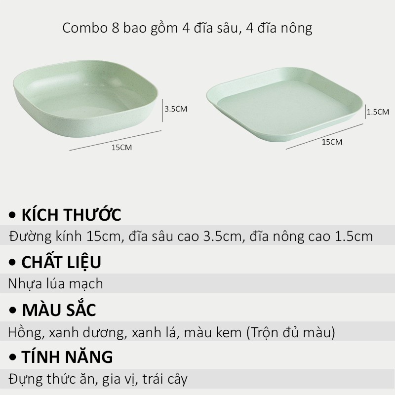  Đĩa Lúa Mạch Vuông Set 8 Chất Liệu Nhựa Lúa Mạch Sinh Học An Toàn Cho Sức Khoẻ