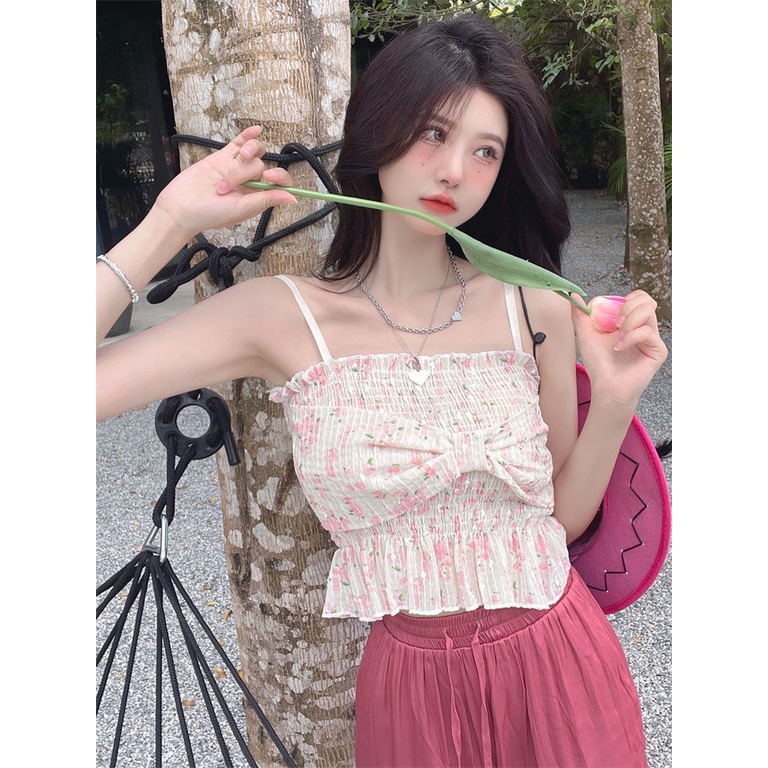 Áo Hai Dây Dệt Kim Đính Nơ Lãng Mạn Thời Trang Mùa Hè Mới