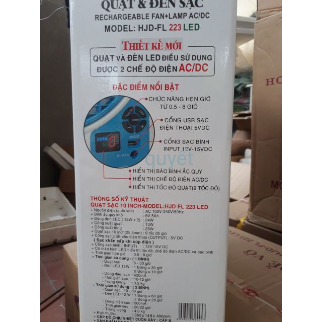 QUẠT HỘP TÍCH ĐIỆN AC/DC HJD - 223 KÈM ĐÈN LED VÀ USB