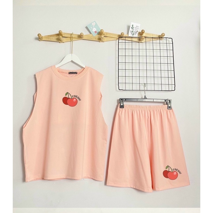 Bộ tanktop áo ba lỗ kèm bra quây quần đùi sooc chất cotton in quả cherry