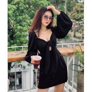 Đầm xoè tay phồng cổ vuông cột nơ ngực kèm mút