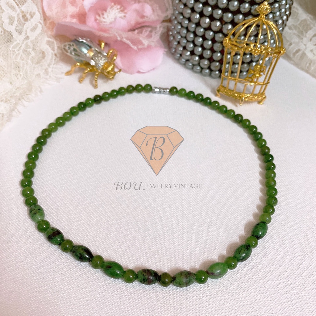 VÒNG CỔ CHUỖI HẠT NGỌC BÍCH MÀU XANH LÁ CÂY SECONDHAND NHẬT BẢN BOU JEWELRY VINTAGE MÃ VC178