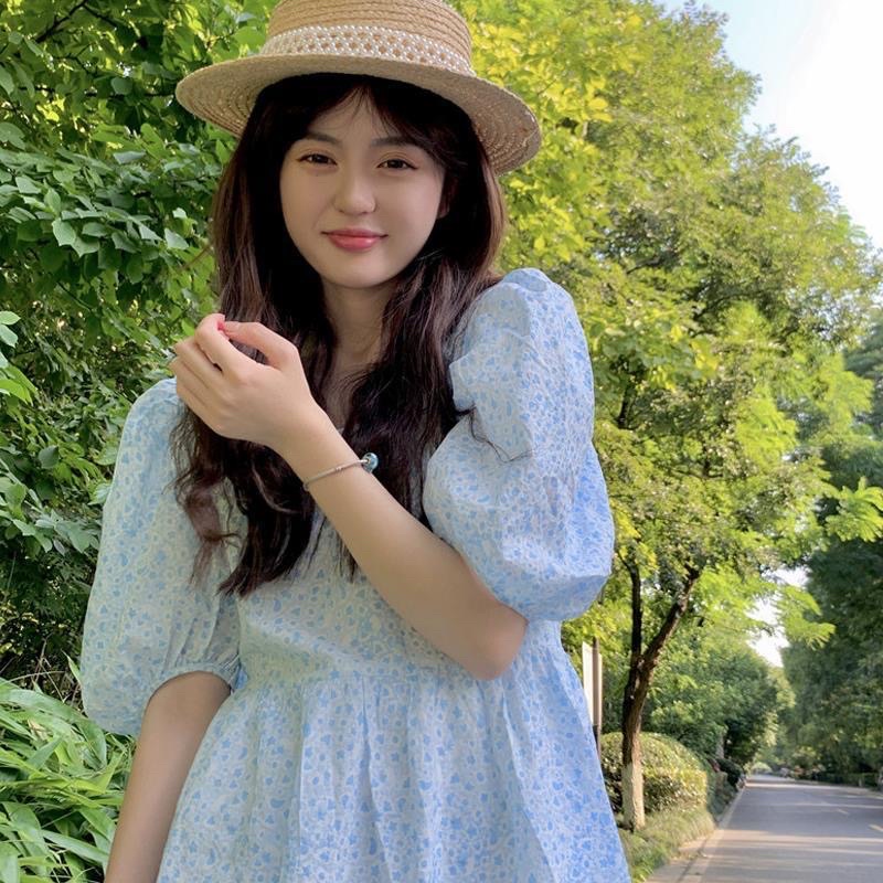 Váy hoa nhí tiểu thư ngắn tay bo chun nhẹ nhàng, 2 màu vàng, xanh, full size từ S-2XL, phong cách PHÁP