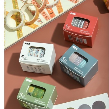 Bộ 5 washi tape băng dính 2m họa tiết basic WA01 dán trang trí đa năng Vpp Tuệ Minh