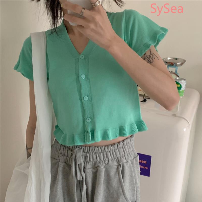 Áo croptop dệt kim ngắn tay màu trơn mùa hè cho nữ