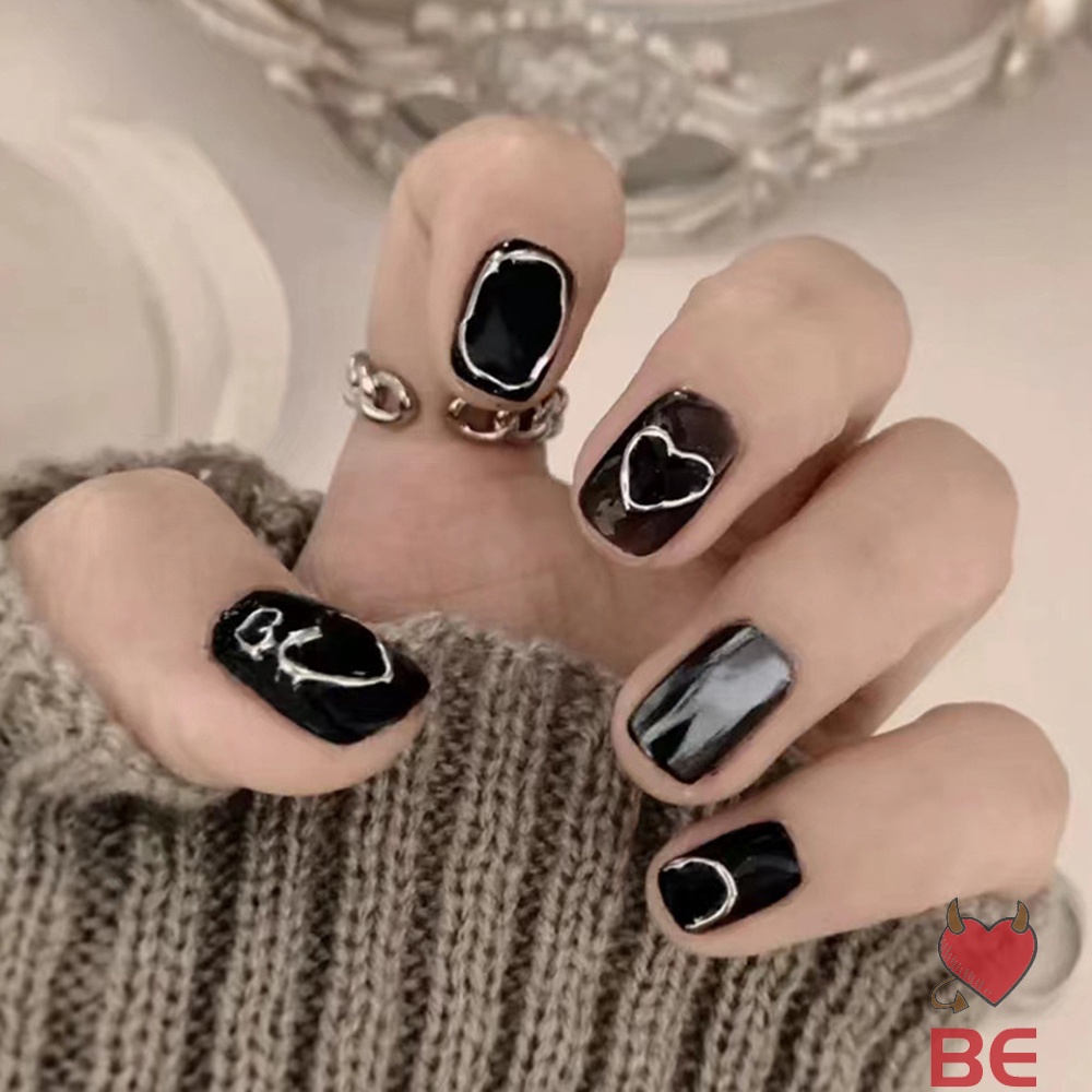 YADORNOS Móng tay giả YADORNOS màu đen phong cách Pháp cá tính có đầu tab tự dính cho salon/ chuyên gia