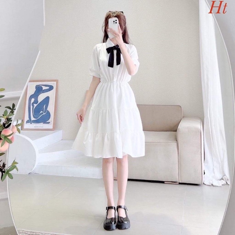 Váy trắng babydoll nữ vintage cộc tay buộc nơ cổ, đầm nữ dự tiệc dáng suông dài siêu đẹp | BigBuy360 - bigbuy360.vn