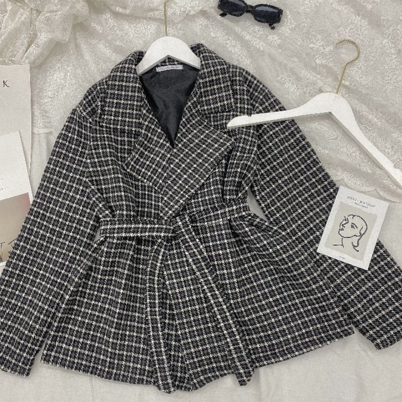 ÁO KHOÁC BLAZER DẠ KẺ ❤ FREESHIP ❤ Áo khoác blazer dạ kẻ đen 2 lớp form rộng dày dặn kèm đai dáng Hàn Quốc | BigBuy360 - bigbuy360.vn