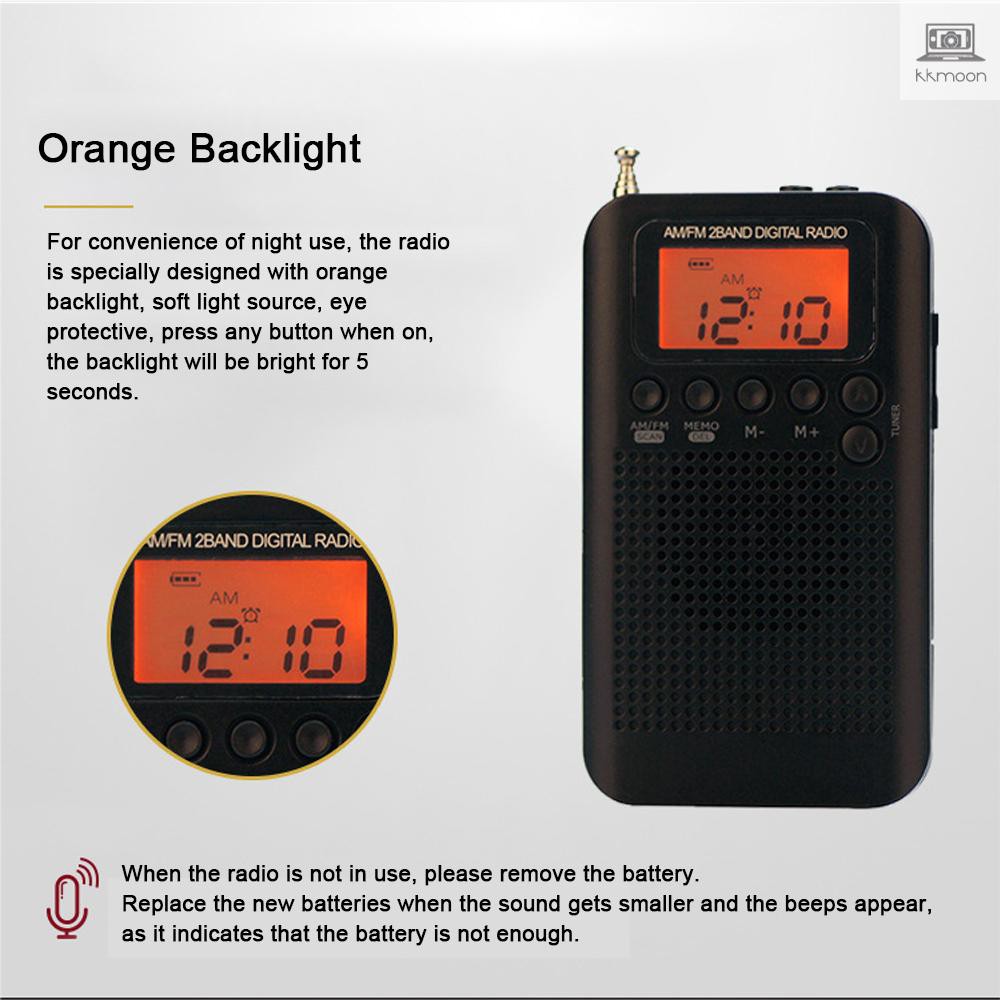 HRD-104 Portable AM/ FM Stereo Radio Pocket 2-Band Digital Tuning Radio Mini Receiver Outdoor Radio w/ Earphone Lanyard 1.3 Inch LCD Display Screen