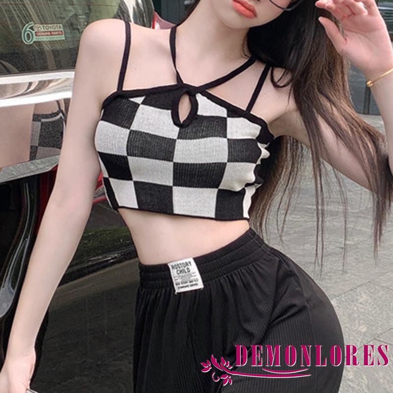 Áo Hai Dây Cổ Chữ V Màu Sắc Tương Phản Họa Tiết Sọc Caro Thời Trang Quyến Rũ Cho Nữ