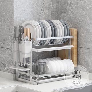 Inox 304 kệ úp bát 2 tầng tặng kèm giá đũa thớt