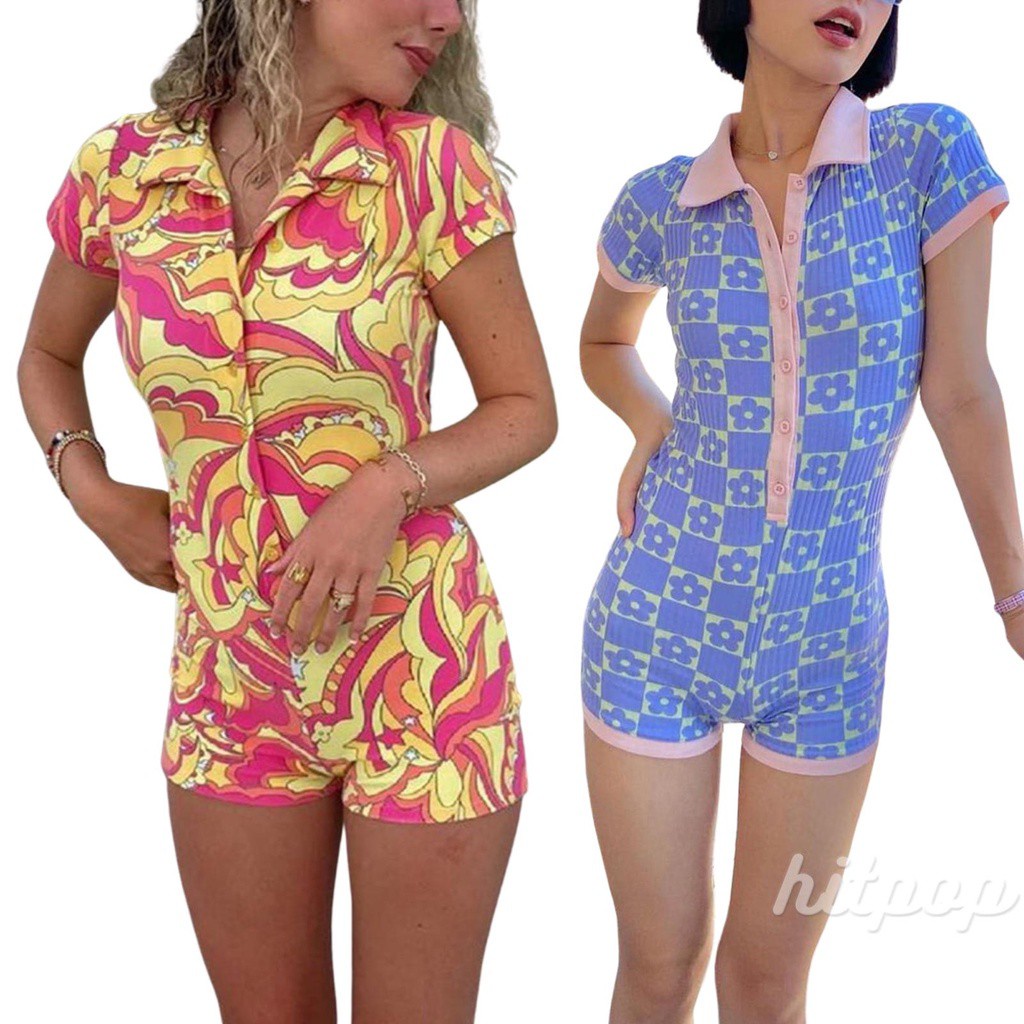 Áo liền quần tay ngắn cổ bẻ in họa tiết thời trang hè cho nữ