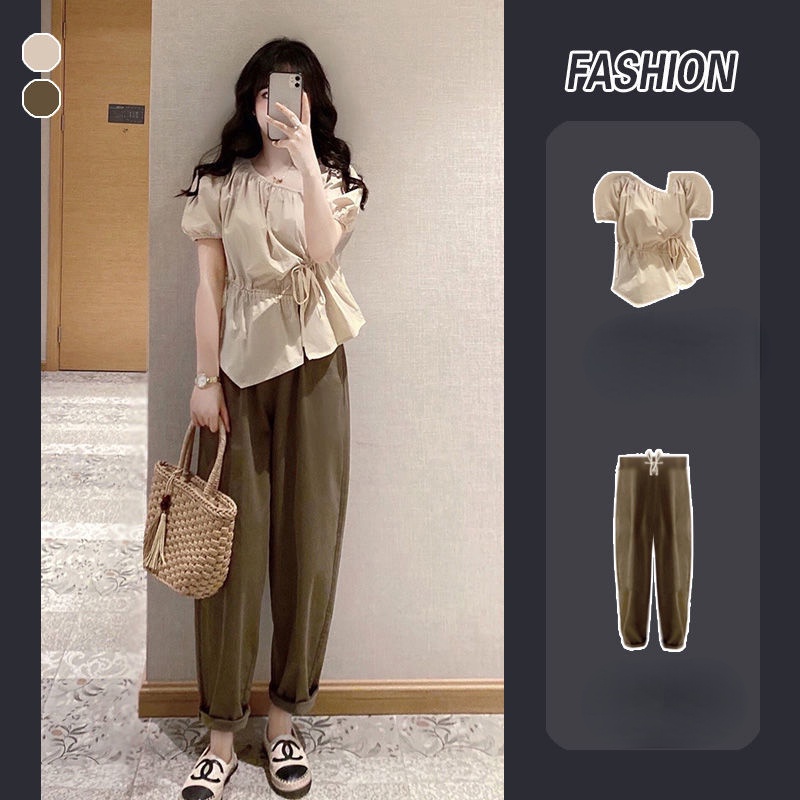 Set Áo Sơ Mi Tay Phồng Phối Quần Dài Thời Trang Hè Xinh Xắn Cho Nữ