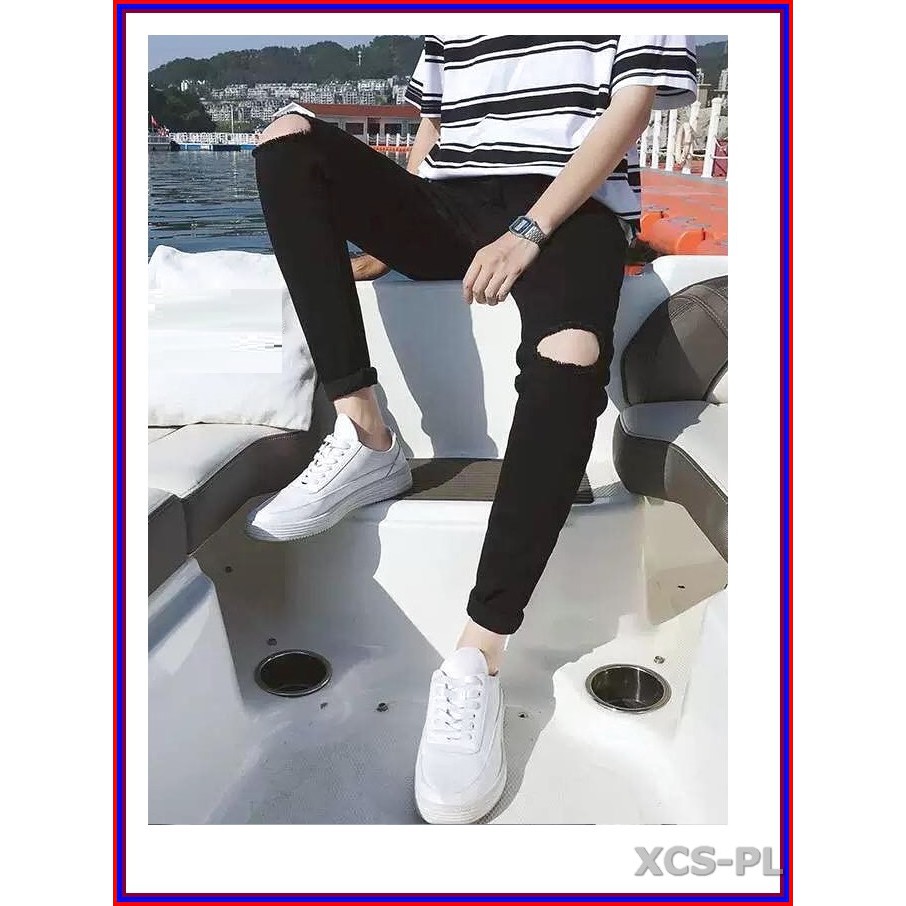 Quần jean nam cao cấp ĐEN RÁCH GỐI siêu đẹp không xù lông, không ra màu, chất giãn tốt rrgoi3-1.46