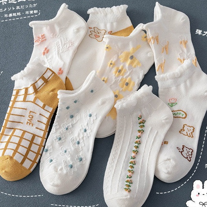 CB1015 Combo 8 đôi tất vớ nữ ngắn tông vàng trắng thêu hoa Lolita tiểu thư