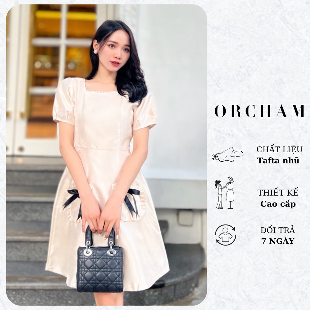Váy chữ A cổ vuông viền ngọc tay bồng tiểu thư chất tafta nhũ đứng form thanh lịch, mặc đi làm, dự tiệc đi chơi - ORCHAM