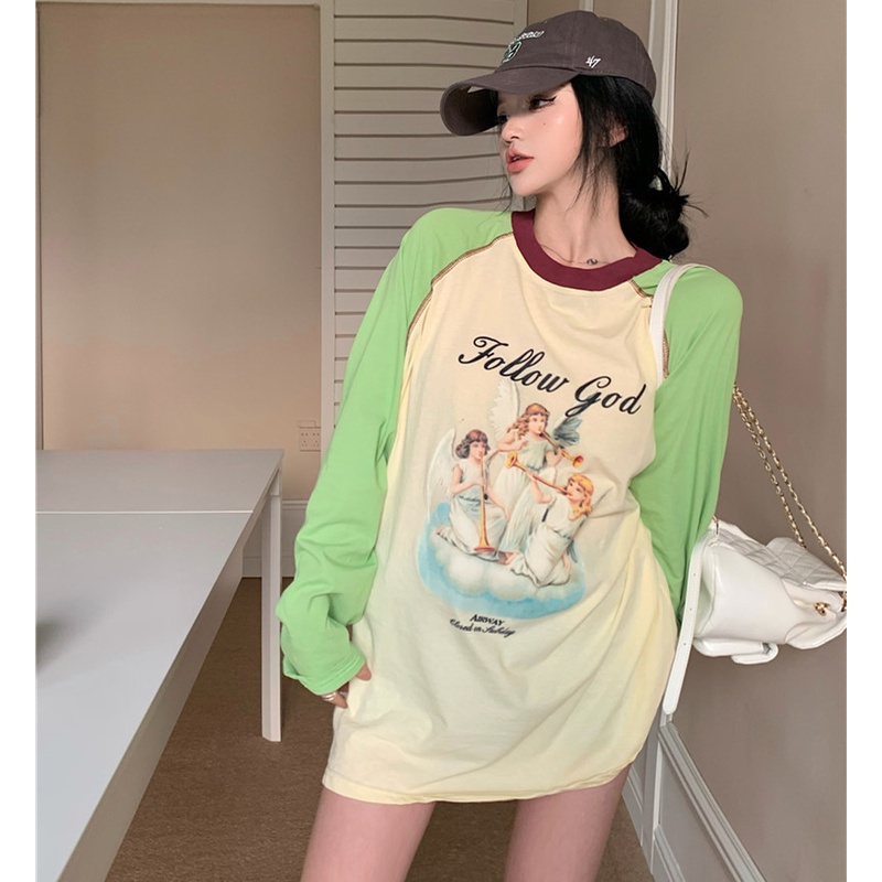 Áo Thun Tay Dài Dáng Rộng Màu Sắc Tương Phản Thời Trang Mùa Thu