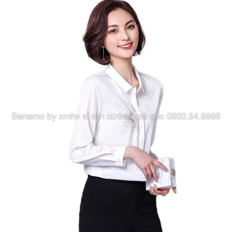 Áo sơ mi lụa trắng phối họa tiết dài tay áo sơ mi công sở chất đẹp thời trang Banamo Fashion 375