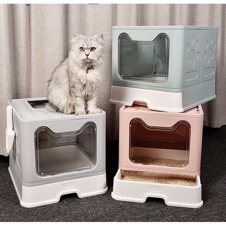 [Hàng cao cấp] Nhà vệ sinh mèo hai cửa tai mèo, chống văng cát, gấp gọn, tặng kèm xẻng
