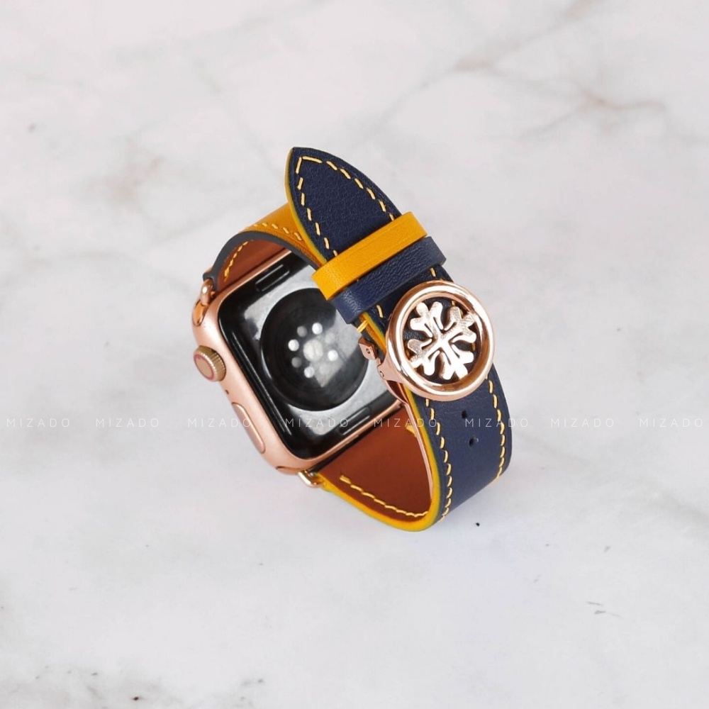 Dây da thủ công Swift Xanh Navy Mix Vàng dành cho Apple Watch, đồng hồ thông minh, đồng hồ cơ MIZADO