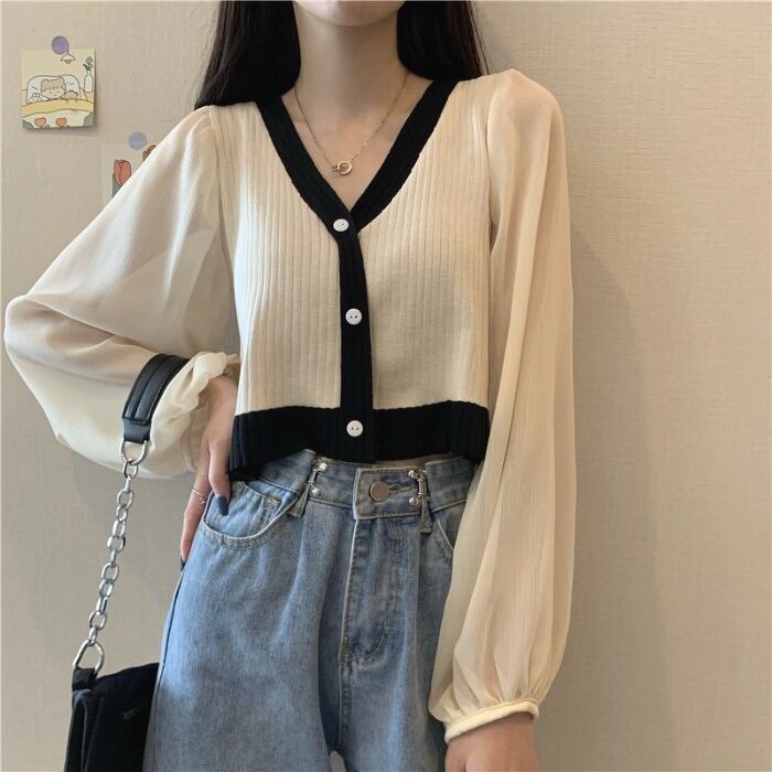 Áo len cổ v tay bèo quảng châu dáng croptop